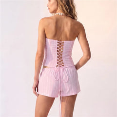 Striped Tube Lace‑Up Back Top and Shorts Set
