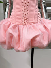 Halter Neck Mesh Patchwork Puff Mini Dress