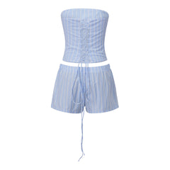Striped Tube Lace‑Up Back Top and Shorts Set