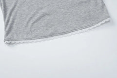 Lace Trim Solid Long Sleeve Top