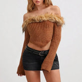 Woman wearing a brown off-shoulder sweater with fur trim