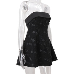 Black Satin Trim Flower Embroidery Mini Dress