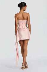 Strapless Draped Ruched Satin Mini Dress