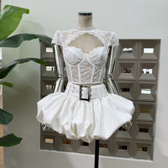 Lace Sheer Corset Crop Top And Wide Belt Bubble Hem Skirt Set