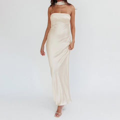 Satin Tube Halter Drape Long Dress