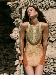 Tassel Bandage O-Neck Gradient Mini Dress