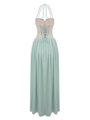 Halter Neck Lace Corset Tie Patchwork Long Dress