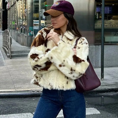 Animal Print Faux Fur Zip Short Coat