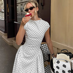 White Polka Dot High Neck Short Sleeve Dress