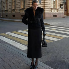 Black Cropped Faux Fur Removable Collar Cardigan