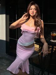 Pink Ruffles Crop Top And Fish Tail Midi Skirt Set
