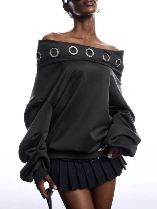 Grey Off-Shoulder Metal Eyelet Hooded Sweatshirt