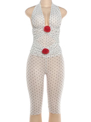 White Polka Dot Rose Applique Halter Top And Mesh Capri Pants Set