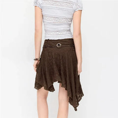 Brown Lace Bead String Belt Irregular Hem Skirt