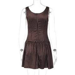 Satin Brown Polka Dot Lace Plunge Mini Dress