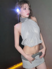 Crochet Mesh Patchwork Turtleneck Crop Tops And Mini Skirt Set