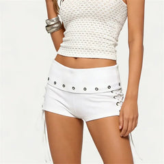 Low Rise Foldover Waist Eyelet Lace Up Shorts