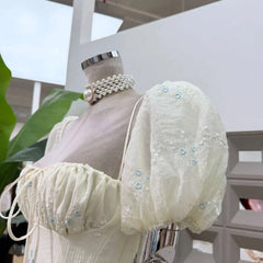 Puff Sleeve Square Collar Embroidery Mini Dress