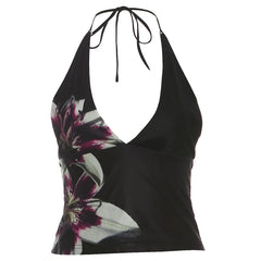 Black Flower Print Halter Tank Tops And Tassel Mini Skirts Set