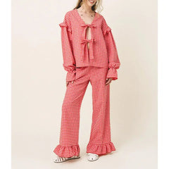 Red Plaid Bow-Tied Top with Ruffled Flare Long Pants Set