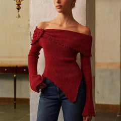 Red Knit Long Sleeve Off Shoulder Lettuce Edge Top