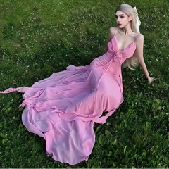 Pink Plunge V-neck 3D Flower Maxi Dress