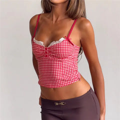 Gingham Lace Sweetheart Neck Cropped Cami Top