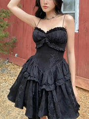 Black Jaqquared Print Spaghetti Strap A-line Mini Dress