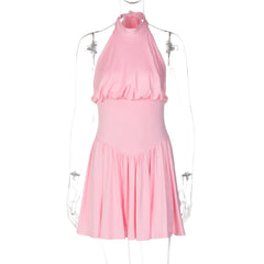 High Neck Tie Up Pleated Hem Mini Dress