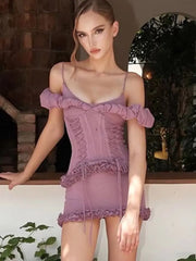 Ruffle Strap Lace Up Mesh Mini Bodycon Dress