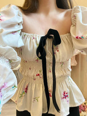 Bow Tie Floral Print Long Sleeve Ruched Blouse