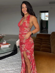 Red Printed Mesh Halter Deep Neck Cut Out Maxi Dress