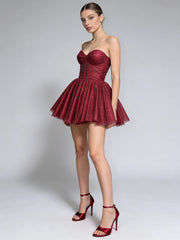 Strapless Glitter Flared Mini Dress