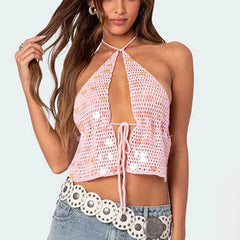 Women's sequin knitted tie up backless tank top.