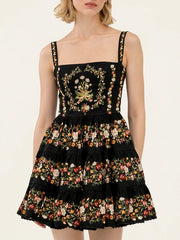 Black Floral Embroidered A-line Mini Dress