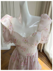 Pink Floral Square Puff Sleeve Flounced Midi Dress