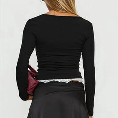 Square Neck Long Sleeve Lace Trim Top