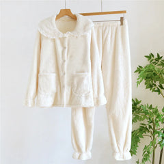 Flannel Plush Long Sleeve Shirt And Pants 2 Piece Set