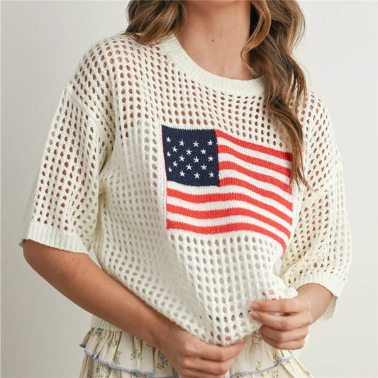 American Flag Print Knit Crochet Top