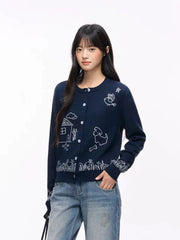 Blue Cartoon Embroidery Cardigan