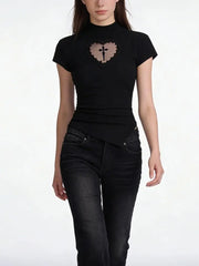 Black Heart Mesh Patchwork Short Sleeve Top