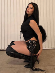 Black Metal Rings Faux Leather Tassel Shorts