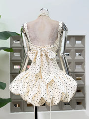 Polka Dot Corset Bow Front Flared Bubble Hem Mini Dress