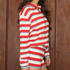 Red Striped Collar Button Long Sleeve Top And Shorts Set