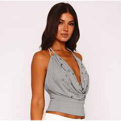 Grey Buttoned Beaded Cowl Deep Neck Tie Up Backless Top