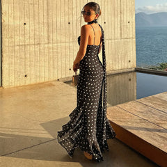 Black Polka Dot Long Dress With Scarf Ribbon