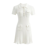 Polo Knitted Short Sleeve Single Breasted Flower Button Mini Dress