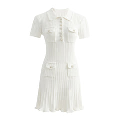 Polo Knitted Short Sleeve Single Breasted Flower Button Mini Dress