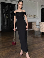 Black Off-shoulder Satin Buttoned Maxi Dress
