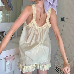 Sheer Ruffle Trim Pleated Tank Top And Shorts Pajama Set